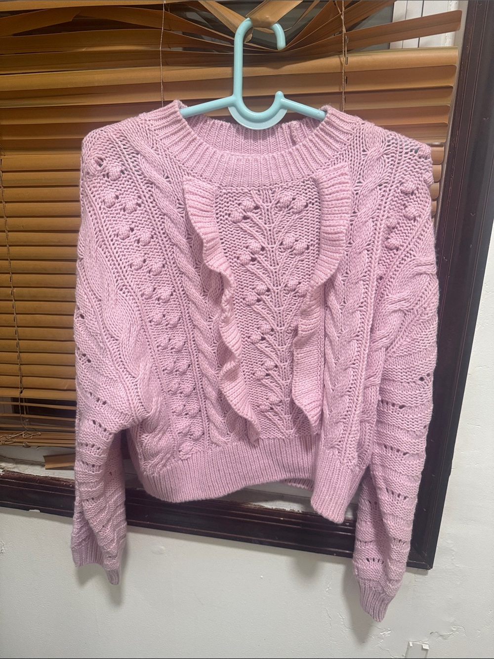 H&M Pink Ruffle Cable-Knit Crew Sweater